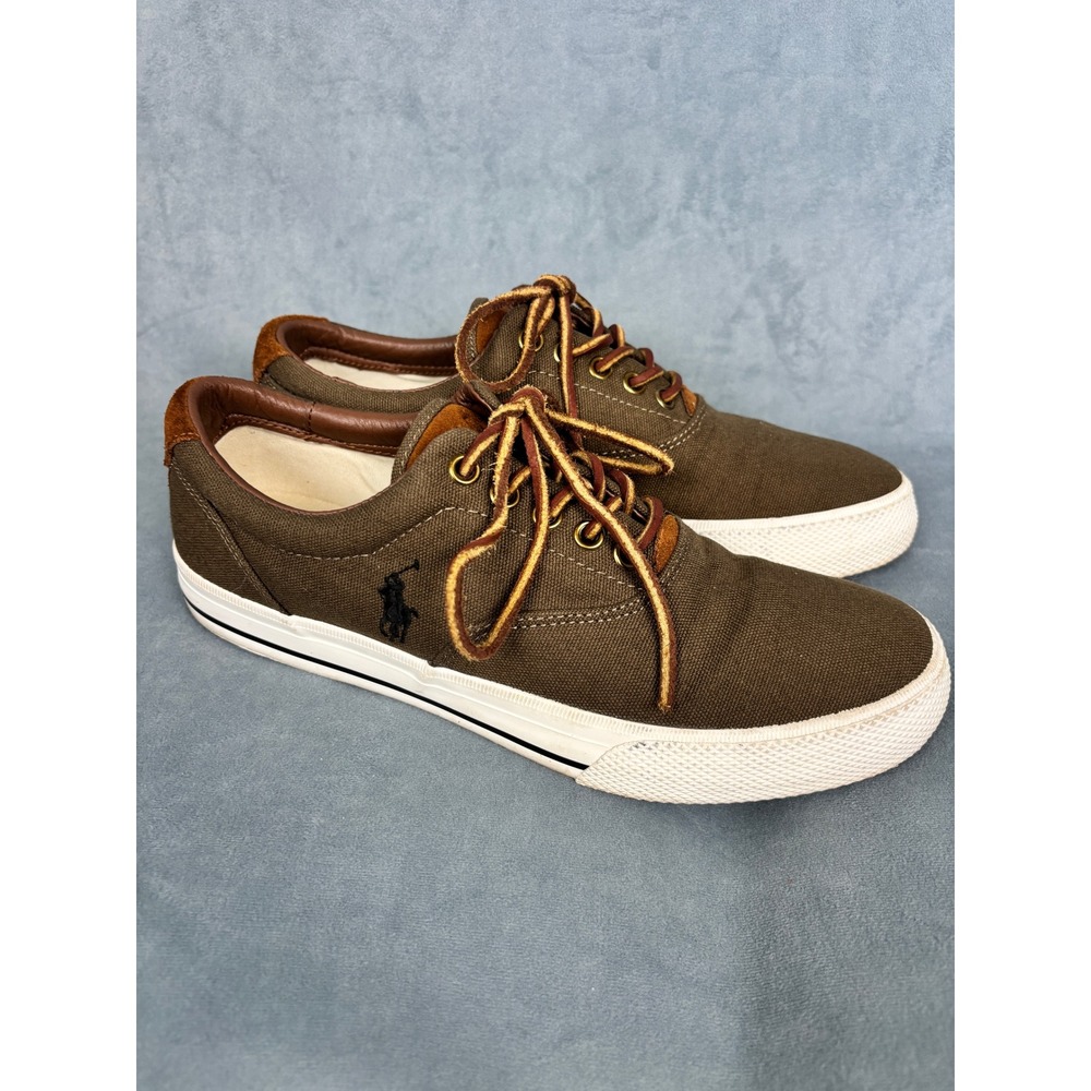Polo Ralph Lauren Vaughn Mens 8D Olive Green Canvas Leather Suede Sneakers 14704